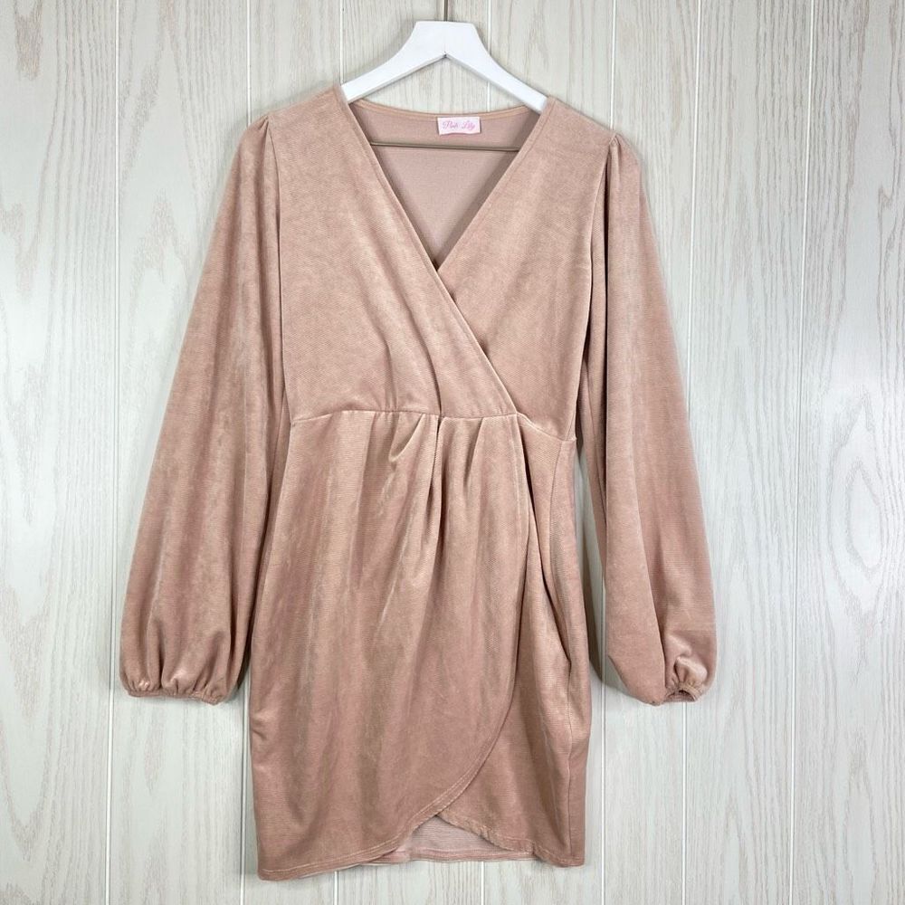 Pink Lily Faux Wrap Mini Dress Long Sleeve Ribbed Velour Blush Pink Size Medium